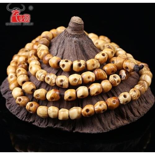 108PCS Handmade Carved Yak Bone Beads, Skull Antique Beads for Halloween Jewelry Making, Brown,5x6/7x8/9x10mm, Hole: 2mm