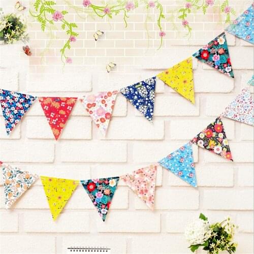 12pcs Vintage Flower Print Flags 12*13cm Bunting Flags Birthday Wedding Festival Christmas Pennant String Banner Buntings