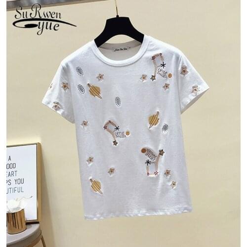 2021 Summer Short Sleeve Women Clothes Korea White T shirt Casual Black Tee Shirt Embroidery Vintage T Shirt Female Tops 4863 50