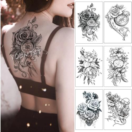 3D Rose Anchor Clock Pearl Waterproof Temporary Tattoo Sticker Black Arm Back Flowers Big Tatto Body Art Fake Tatoo For Women