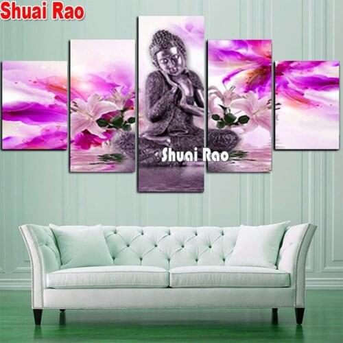5 Panel diy diamond painting Buddha Statue Lily 5d diamond embroidery full Round square rhinestone cross stitch mosaic Multi