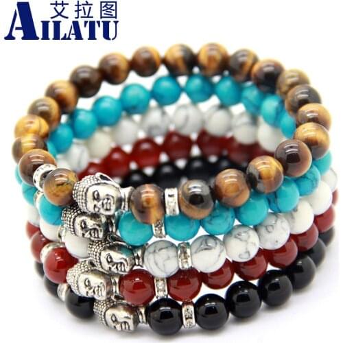 Ailatu Men Beaded Buddha Bracelet Semi Precious Stone Fashion Jewelry Natural Tiger Eye and Red Onyx