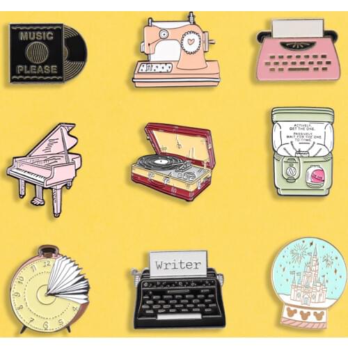 Vintage typewriter enamel pins Gashapon machine badges Piano brooches Record Crystal ball Backpack hat Lapel pin Classic Jewelry
