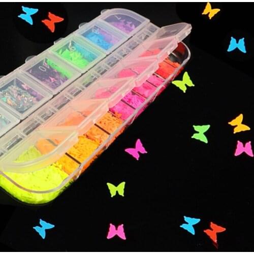 12 Grid/Set Fluorescence Butterfly Sequins Nail Art Glitter Slices Flakes 3D Mixed Color Sparkly Gel Polish Manicure Decorations