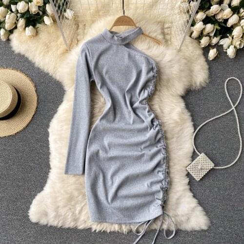 One Sleeve Club Bodycon Mini Dress Women Solid Spring Autumn Long Sleeve Slim Drawstring Ruched Sexy Party Dress Casual Street