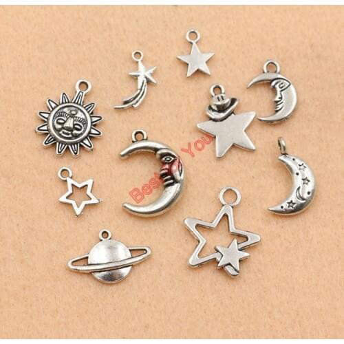 Mixed Tibetan Silver Plated Moon Star Sun Charms Pendants Jewelry Making Handmade Accessories DIY m030