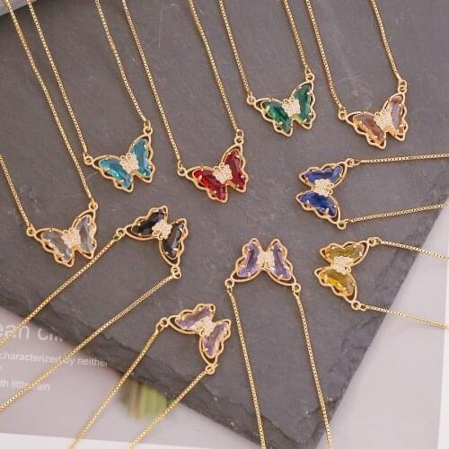 Fashion Copper Colorful Crystal Animal Butterfly Pendant Women Classic Temperament Ins18K Gold Metal Necklace Jewelry Wholesale