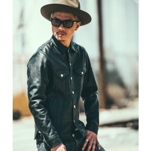 2019 Amerian cow boy style genuine leather jacket men high quality cowhide leather coat male denim shirt style jacket