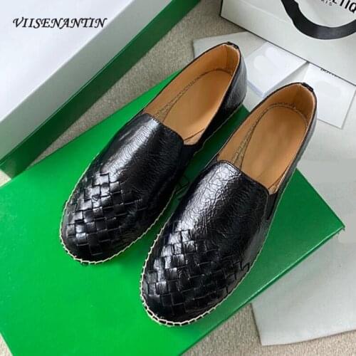 Flat Platform Lady Weave Shoes Round Toe Genuine Leather Black Gold Slip on Lazy Mules Retro 2021 Ins Hot Soft Mulers