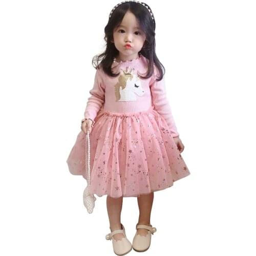 2021 New Year Spring Autumn Dresses Cartoon Unicorn Polka Dots Mesh Ball Gown Baby Girl Tops and Dress Sets
