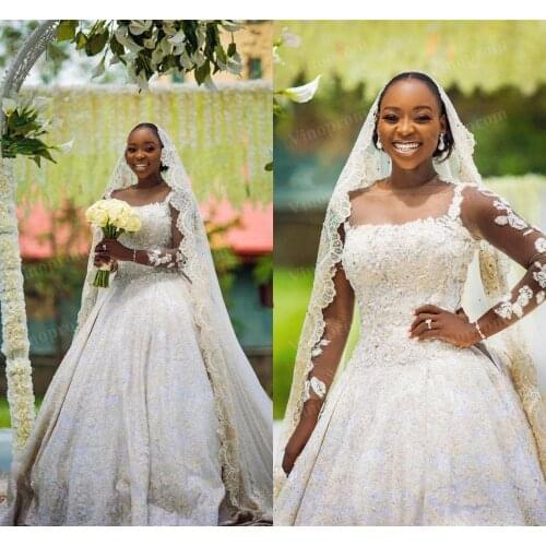 Newest Ball Gown Wedding Dresses V Neck Long Sleeve Africa Wedding Dress Appliques Puffy Country Bridal Gowns