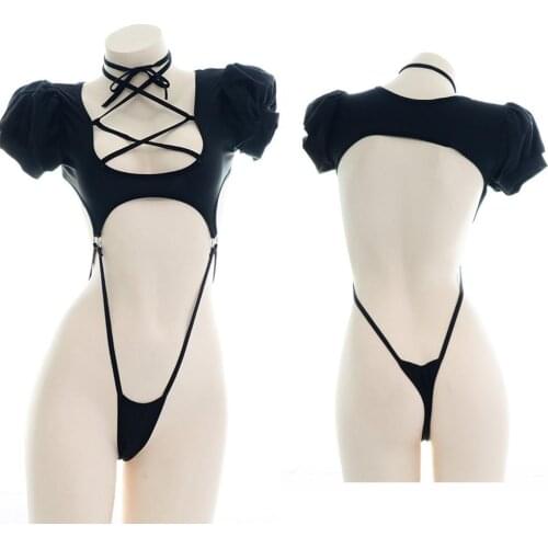 Sexy Girl One-Piece Pajamas Puff Sleeve Lace-up Sukumizu Swimsuit Black Lolita Hollow Out Short Sleeve Underwear Set Pajamas