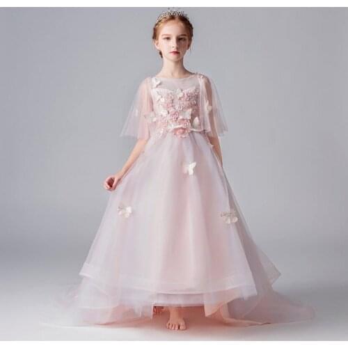 Pink Lace Flower Gil Party Princess Dress Wedding Long Gown Girls Costume Birthday Christmas Costumes First Communion Vestidos