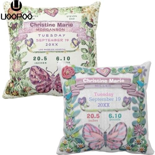 Custom Kids Cushion Cover Birth Stats Baby Girl Butterfly with Flowers Pillow Cover Square Polyester Print Pillow Case For Sofa