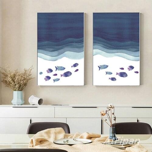 Cartoon Illustration Poster Simple Hand Painted Blue Marine Fish Canvas Picture For Children Room Nursery Decorative Painting