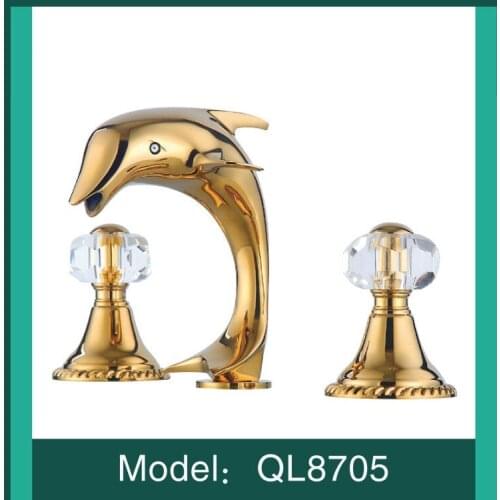 Luxury gold plated brass Crystal handle Dolphin bathroom sink faucet Art basin mixer faucet Cold hot water tap with pipe