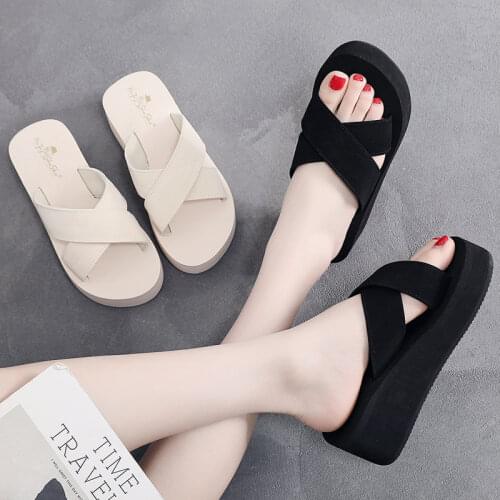 Fashion Girl Belt Sexy Slope Thick Bottom Home Flip Flops Sandals Vacation Women Slippers Heels Wedges 5CM Butterfly Shoes