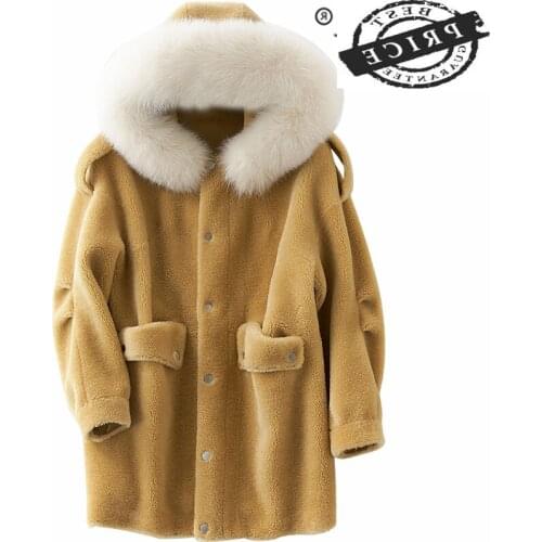Real Wool Fur Coat Female Natual Fox Fur Collar Hooded 2021 Sheep Shearing Coats Long Winter Jacket Women Hiver B1aF23a50
