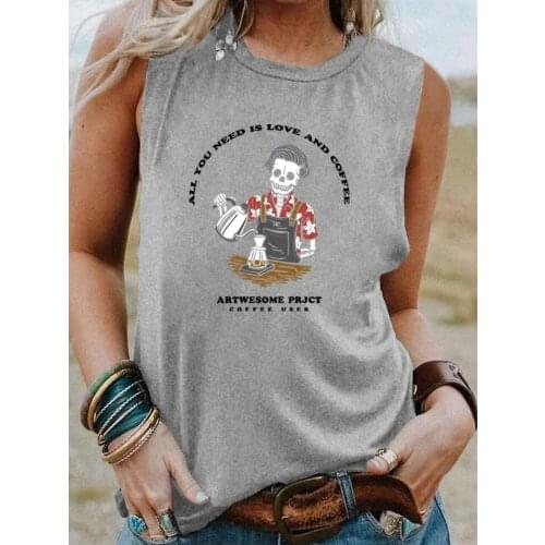 All you need is love and coffee Tank top Funny Tea Skeleton Gothic Style Sleevele Tee Women casual 90s aesthetic vintage top