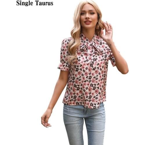 Woman Elegant Bow Neck Blouse Shirts Floral Print Chiffon Blouses Femme 2021 Summer Short Sleeve Casual Cute Tops Blusa Mujer