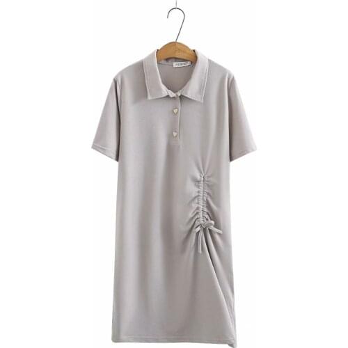 Women tunic plus size 2021 Casual Summer women tops turn-down collar Short Sleeve Drawstring long Woman T-shirts black gray pink