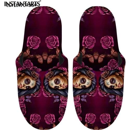 INSTANTARTS 2021 New Fashion Women Warm Slipper Make-up Skull Girl Face With Flower Printed Femme Cotton Slides Non-Slip Loafers