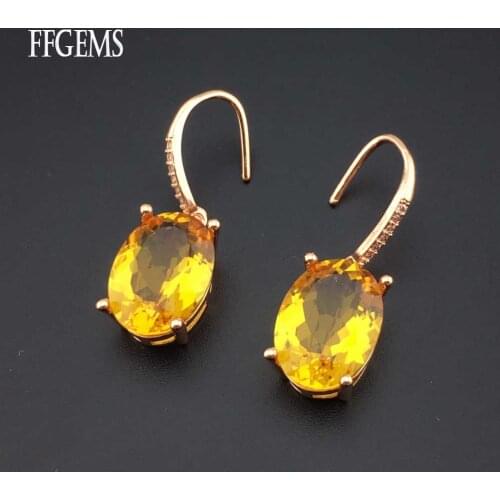 FFGems Natural Yellow Citrine big stone Sterling 925 Silver Drop Earring Fine Jewelry For Women Party Wedding Gift wholesale
