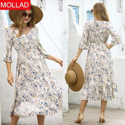 2021 Spring and Summer Pullover V-neck Three-Quarter Sleeve Waist Mid-Length Dress for Women One Piece Dropshipping