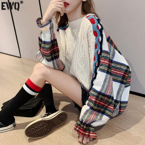 [EWQ] 2021 Autumn Winter Clothes Woman 1 Long Sweater Coat Contrast Color Long-sleeved Plaid Ladies Warm Pullover Knit