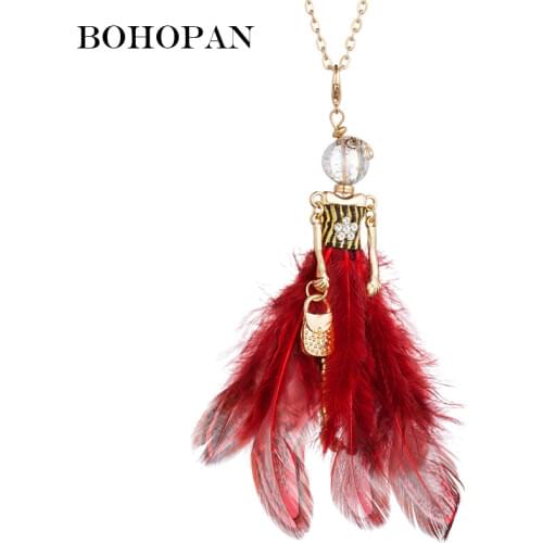 Long Feather Dress Doll Necklace Women Girl Gold Chain Crystal Flower Design Elegant Female Statement Necklace Fashion Jewelry