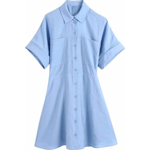 Evfer Women Spring Summer Fashion Za Double Pockets Blue Mini Dresses Female Casual Short Sleeve High Waist Shirt Dress Chic