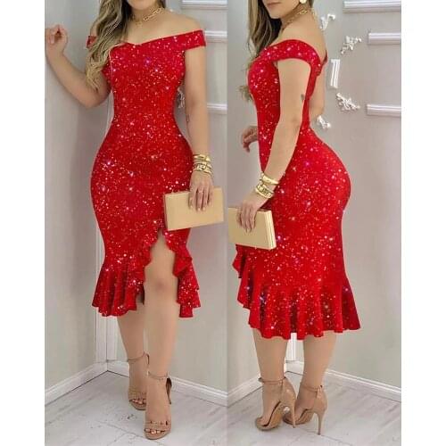 2021 New Year Sexy Ruffles Off Shoulder Bodycon Party Dress Slit Garter Midi Skinny Femme Clothing Club Wear Robes Vestido