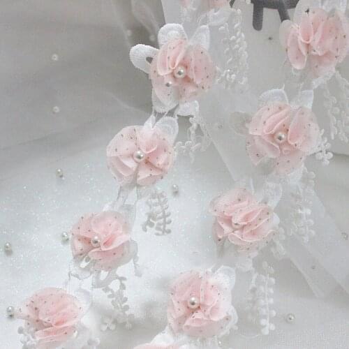 2 yards/lots Pearl Flower Milk Silk Tassle Embroidery Ribbon DIY Headwear Dress Accessories Trim Ribbons