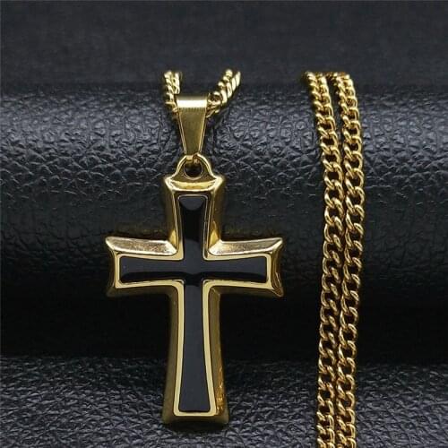 2021 Cross Stainless Steel Long Necklace Pendant for Women/Men Black Gold Color Chain Necklace Jewelry collier homme NXH111S05