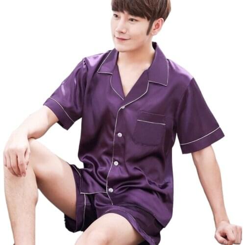 2511-D6 Summer Mens Satin Ice Silk Pyjamas Short Sleeve Shorts Set Solid Color Casual Loose Large Size Rayon Pajamas L-5XL