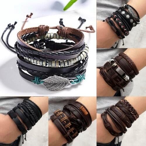 5pc/set Fashion vintage leather bracelet fashion hand-woven leather feather leaf bracelet and fashion mens bracelet gift