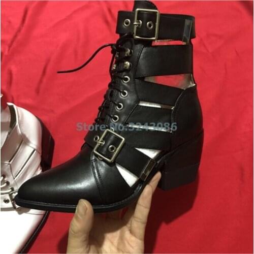 Pointed Toe Chunky Square Heel Shoes Black Blue Snakeskin Hollow Out Buckle Short Boots Cross Strap Lace Up Motorcycle Boots