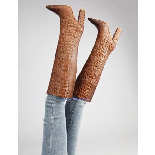 Chunky Heeled Pointed Toe Boots Women Printed Leather High Heel Brown Autumn Slip On Mid-calf Boots