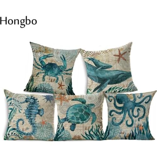 Hongbo Marine Sea Horse Turtles Octopus Pattern Throw Pillow Case On Couch Blue Ocean Animal Linen Comfortable Cushion Cover
