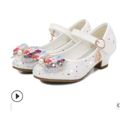 Princess Kids Leather Shoes for Girls Flower Casual Glitter Children High Heel 2021 Girls Shoes Butterfly Knot Blue Pink Silver