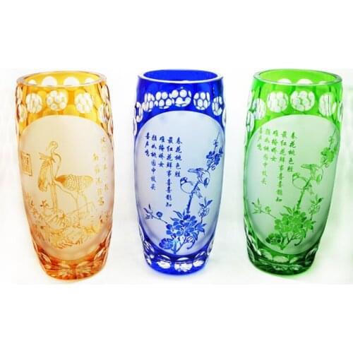 Elegant Bohemian Czech Engraving Glass Flower Vase Chinese Classic Pattern Green Black Orange Cut to Clear Crystal