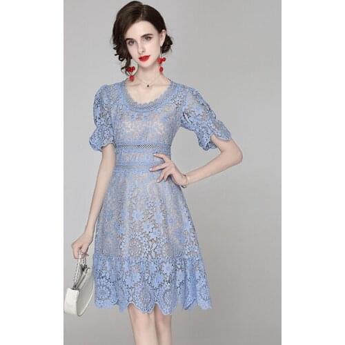 Elegant Temperament Women Dress 2021 Fashion Vintage Hollow out Lace O-Neck Puff Sleeve Slim Waist A-Line Dress Femme Vestidos