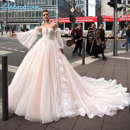 Chengjun Elegant V Neck Lace Ball Gowns Bride Pink Wedding Dress Detachable Sleeves Long Princess Wedding Dresses