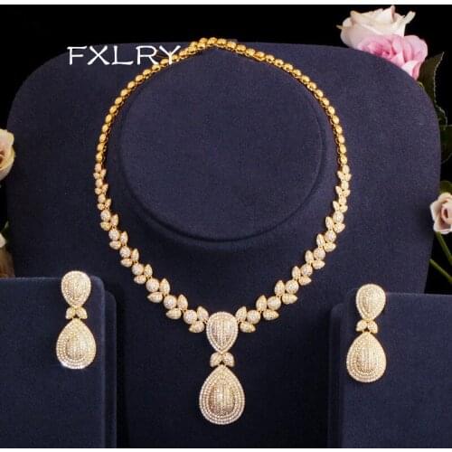 FXLRY New Design Micro Pave Cubic Zirconia Stones Luxury Gold Color Bridal Wedding Necklace Jewelry Sets For Women
