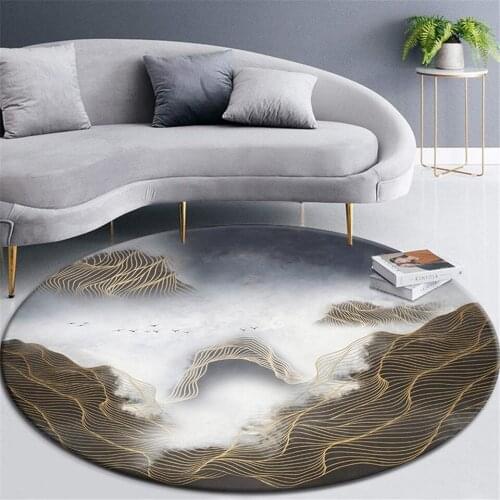 Chinese Style Abstract Black Landscape Round Carpet With Geomwtric Line Coffee Table Rug Anti-slip Chair Mat Area Rug Floor Mat