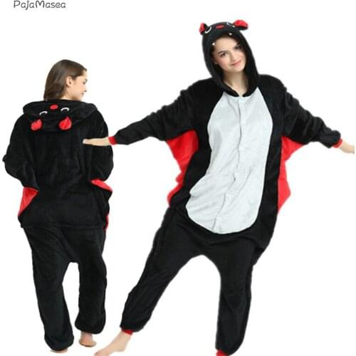 Flannel Black Bat Kigurumi Pajamas Animal Cartoon One-Piece Pijama Hooded Onesie for adults Women pajamas Cosplay Costume Suits