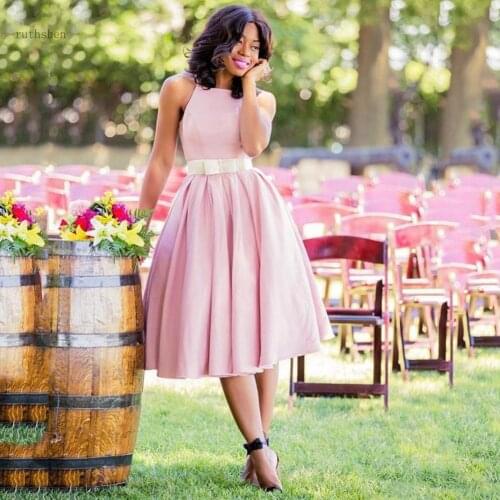 Short Bridesmaid Dresses Pink Sash bow Jewel Sleeveless A Line Knee length Wedding Guest Gowns Zipper Back Party Dress