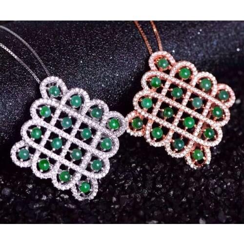 Natural jasper pendant 925 Sterling silver Natural green jade Pendant Necklace trendy Elegant Valuable Chinese knot jewelry