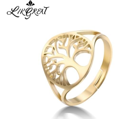 LIKGREAT Hollow Tree of Life Ring for Women Men Gold Silver Color Stainless Steel Adjustable Rings Fashion Jewelry Accessories