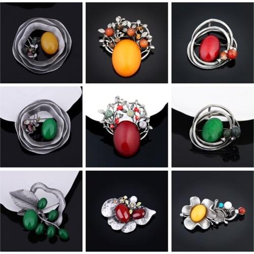 High Quality Leaves Brooches For Women Vintage Broches Exquisite Yellow Red Green Semi-precious stone Brooch Pins Jewelry